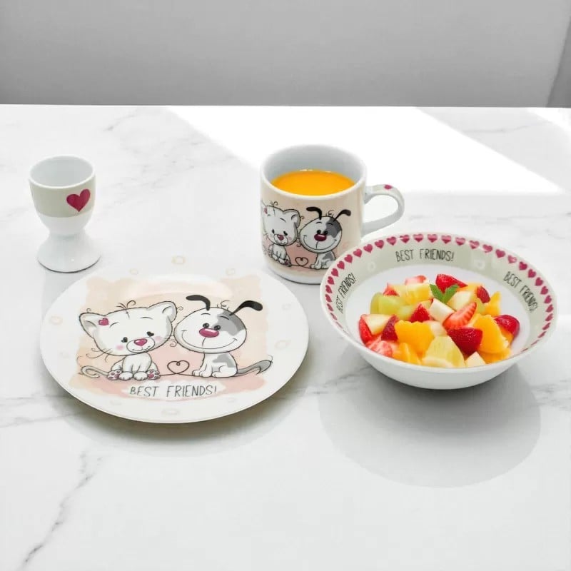 Zestaw obiadowy porcelana dla dzieci Bella Fiore 4 elementy Kotek i Piesek kubek talerzyk miseczka kieliszek na jajko