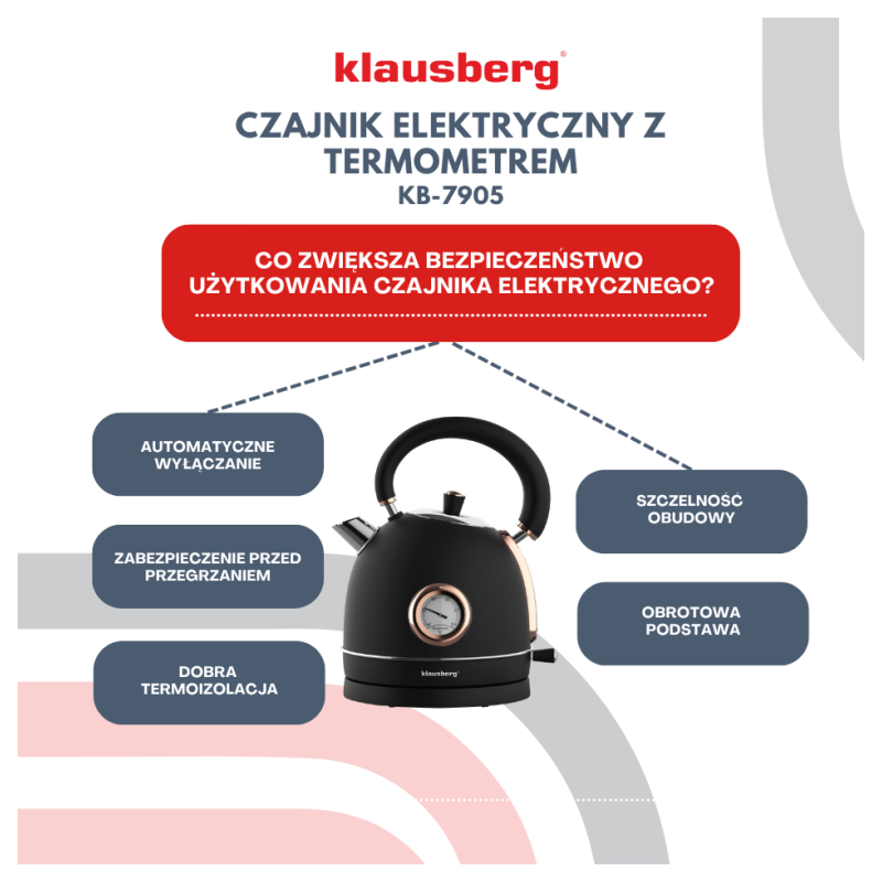 Czajnik elektryczny stalowy 1.8L czarny z termometrem 2200W Klausberg KB7905