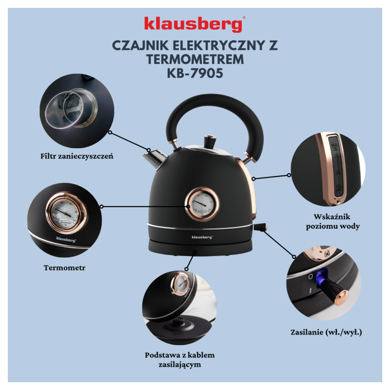 Czajnik elektryczny stalowy 1.8L czarny z termometrem 2200W Klausberg KB7905