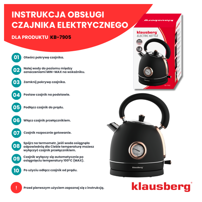 Czajnik elektryczny stalowy 1.8L czarny z termometrem 2200W Klausberg KB7905