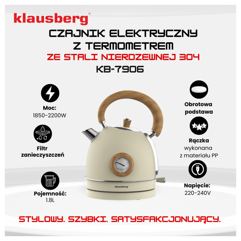 Czajnik elektryczny stalowy 1.8L kremowy z termometrem 2200W Klausberg KB7906