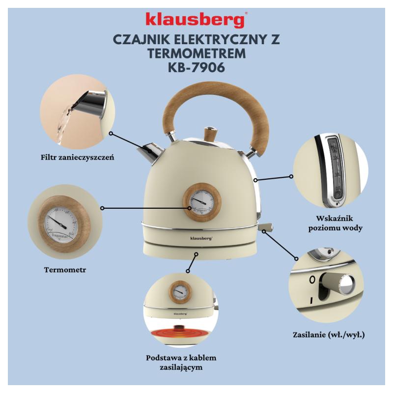 Czajnik elektryczny stalowy 1.8L kremowy z termometrem 2200W Klausberg KB7906
