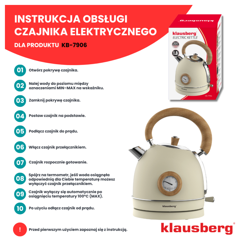 Czajnik elektryczny stalowy 1.8L kremowy z termometrem 2200W Klausberg KB7906