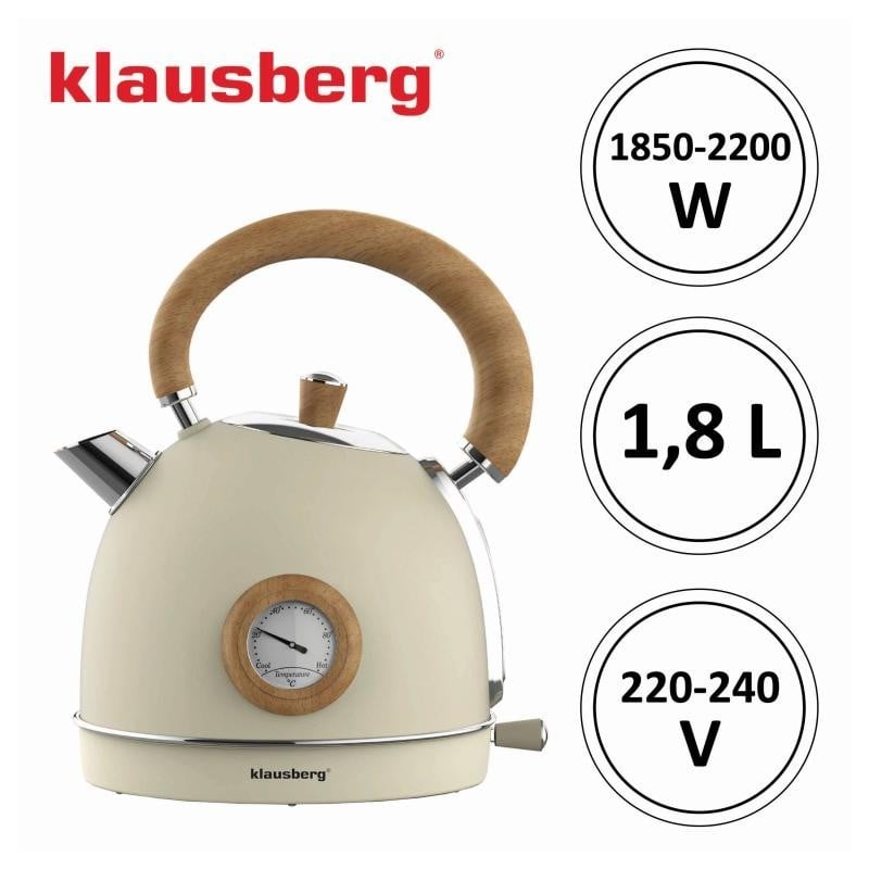 Czajnik elektryczny stalowy 1.8L kremowy z termometrem 2200W Klausberg KB7906