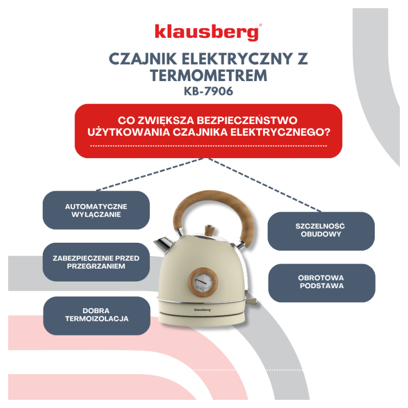 Czajnik elektryczny stalowy 1.8L kremowy z termometrem 2200W Klausberg KB7906