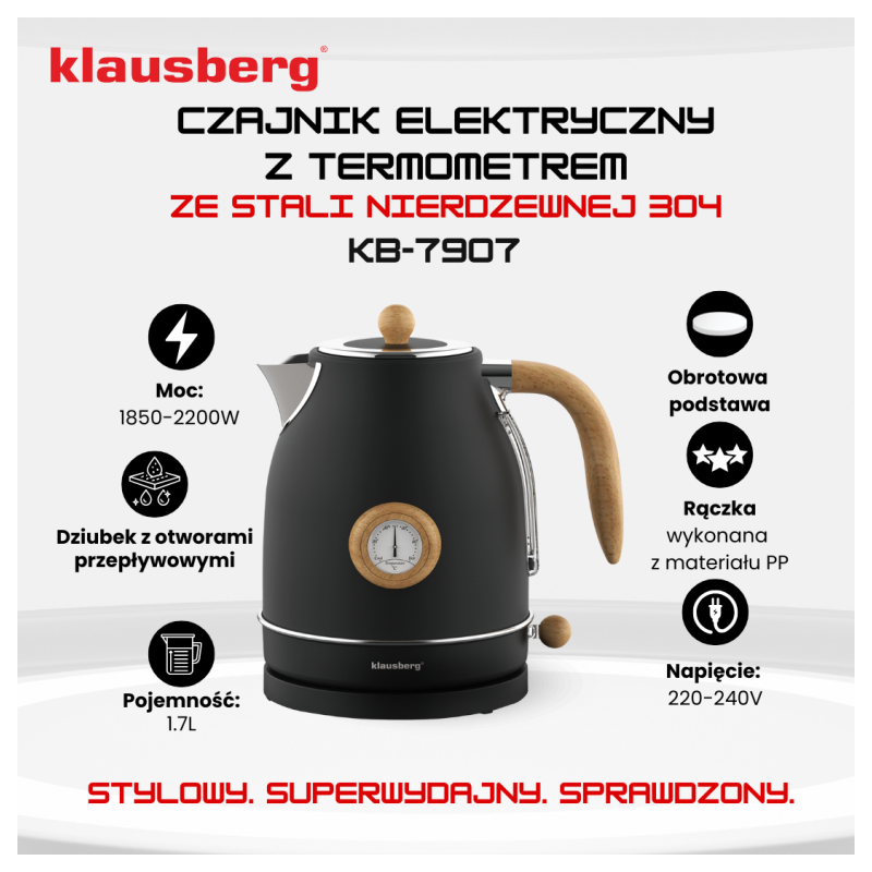 Czajnik elektryczny bezprzewodowy z termometrem 1,7 L czarny 2200W Klausberg KB7907