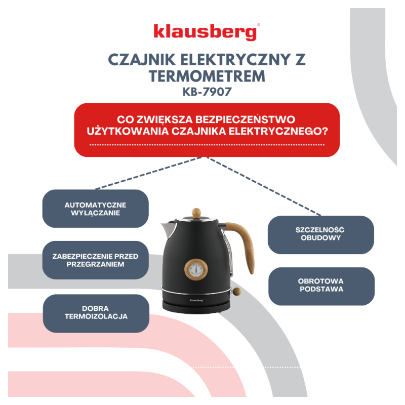 Czajnik elektryczny bezprzewodowy z termometrem 1,7 L czarny 2200W Klausberg KB7907