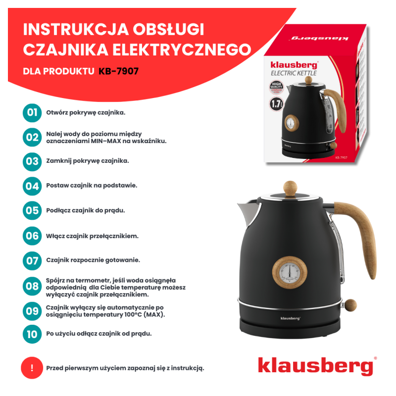Czajnik elektryczny bezprzewodowy z termometrem 1,7 L czarny 2200W Klausberg KB7907
