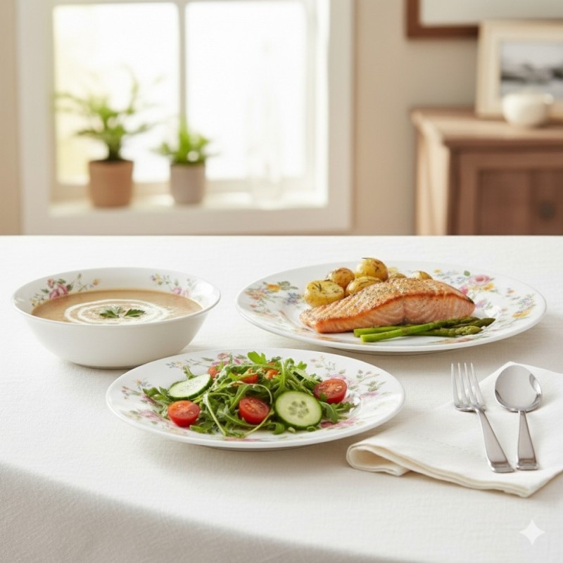 Serwis obiadowy 18 elementów Bestler białe talerze dla 6 osób wzór kwiaty róże