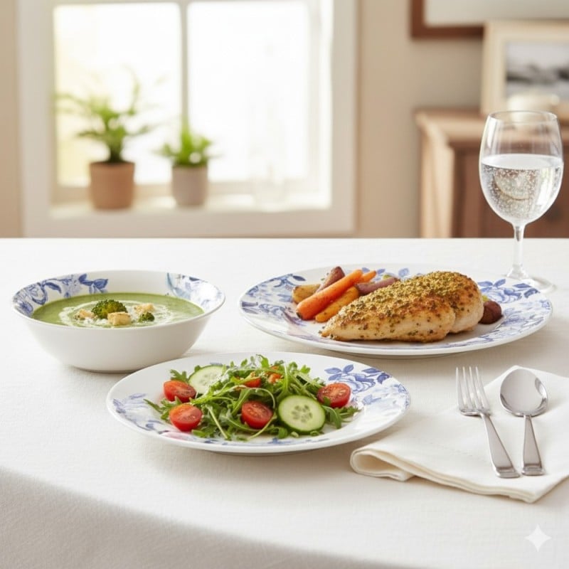 Serwis obiadowy 18 elementów Bestler białe talerze dla 6 osób wzór niebieskie kwiaty