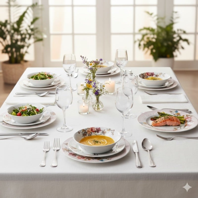 Serwis obiadowy 18 elementów Bestler białe talerze dla 6 osób wzór kwiaty