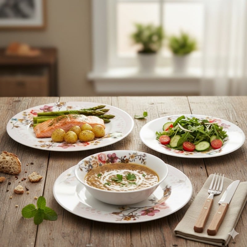 Serwis obiadowy 18 elementów Bestler białe talerze dla 6 osób wzór kwiaty