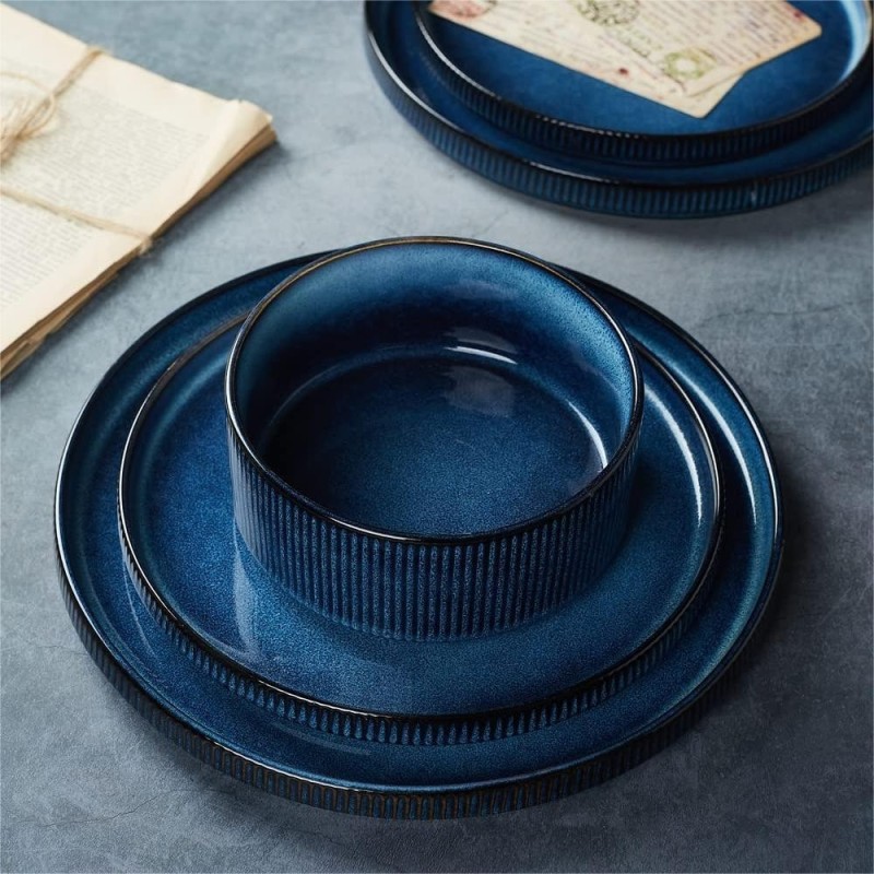 Talerz deserowy porcelanowy 21 cm Florina Evia Blue granatowy prążkowany modern