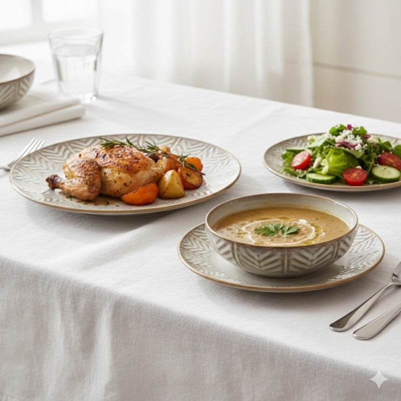 Serwis obiadowy porcelanowy Florina Lehti 42 elementy zestaw talerzy salaterek kubków filiżanek dla 6 osób liście