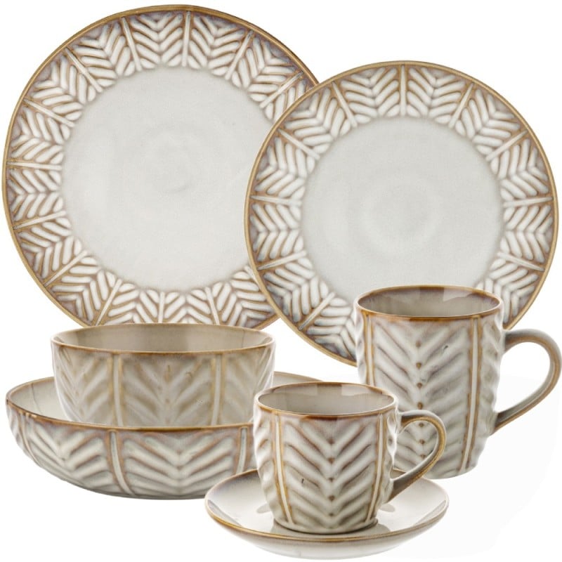 Serwis obiadowy porcelanowy Florina Lehti 42 elementy zestaw talerzy salaterek kubków filiżanek dla 6 osób liście