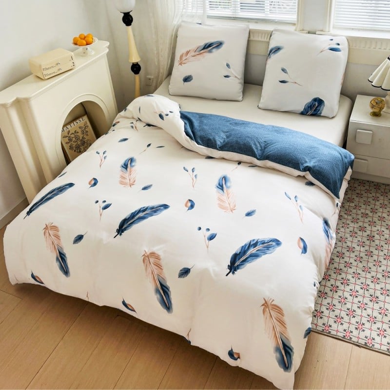 Pościel 140x200 bawełna satynowa dwustronna GierekHoff gruba 2 części GH 3099 biało niebieska w pióra