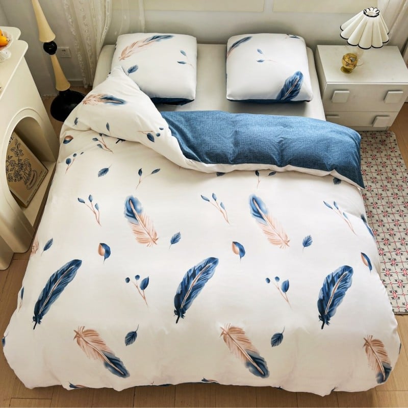 Pościel 200x220 bawełna satynowa dwustronna GierekHoff gruba 3 części GH 3099 biało niebieska w pióra