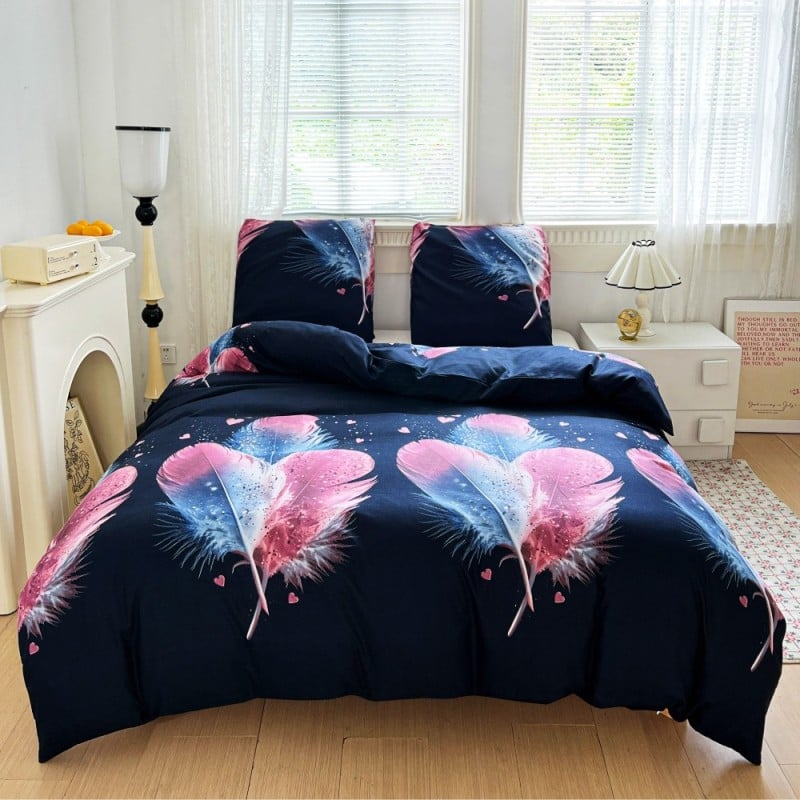 Pościel 200x220 bawełna satynowa dwustronna GierekHoff gruba 3 części GH 3101 granatowe w pióra