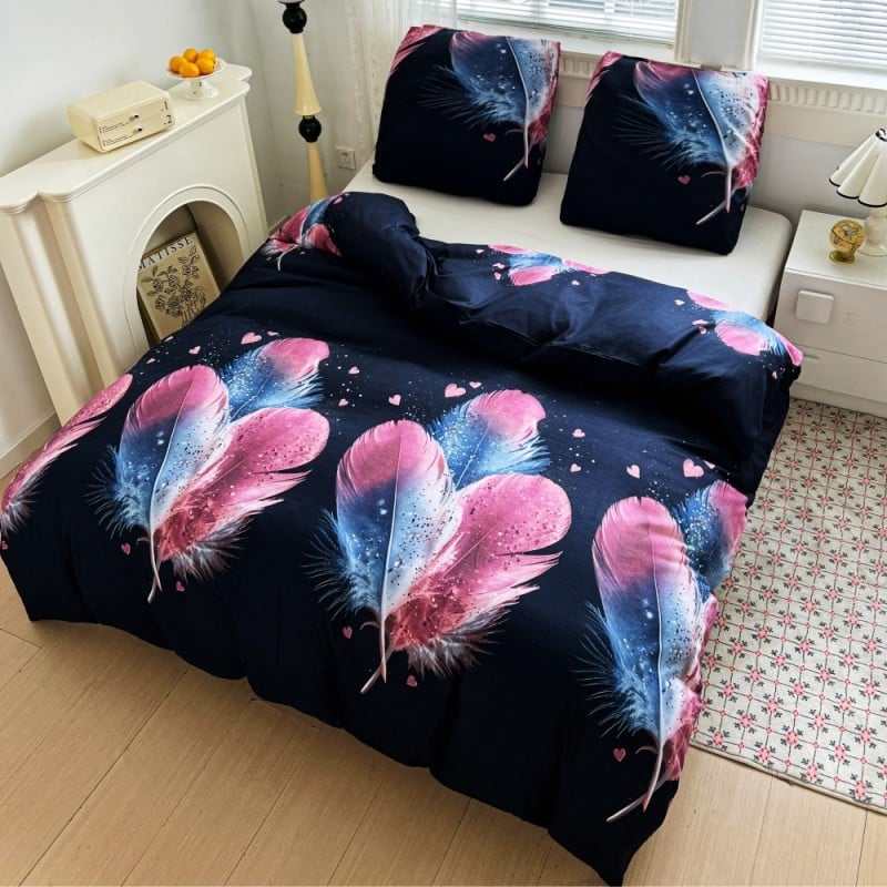 Pościel 200x220 bawełna satynowa dwustronna GierekHoff gruba 3 części GH 3101 granatowe w pióra