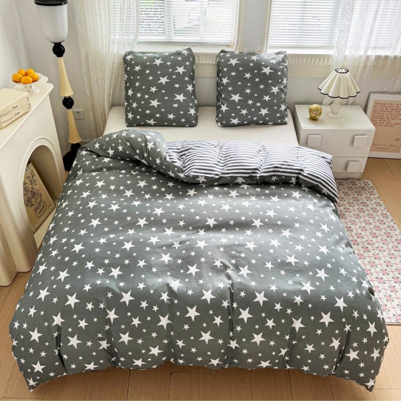 Pościel 160x200 bawełna satynowa dwustronna GierekHoff gruba 3 części GH 3103 szara w gwiazdki