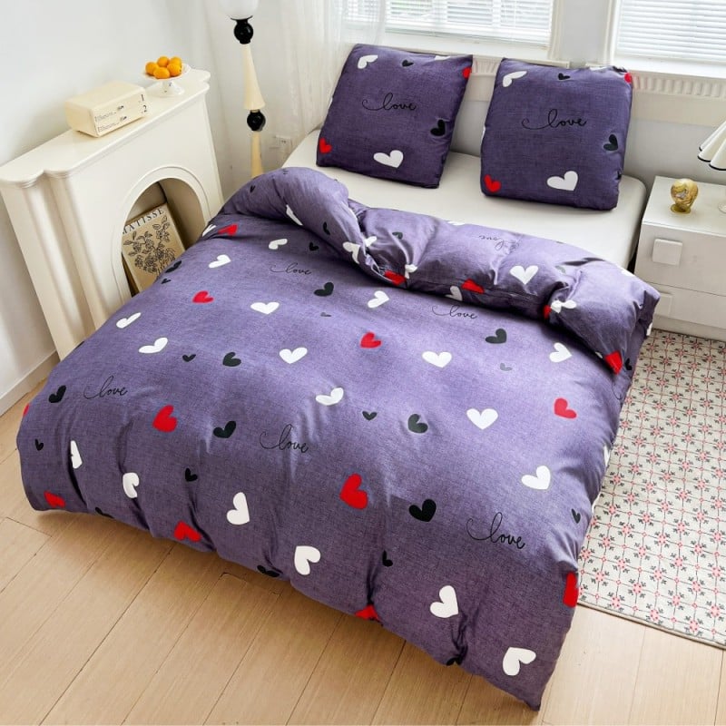 Pościel 160x200 bawełna satynowa dwustronna GierekHoff gruba 3 części GH 3104 fioletowa w serduszka