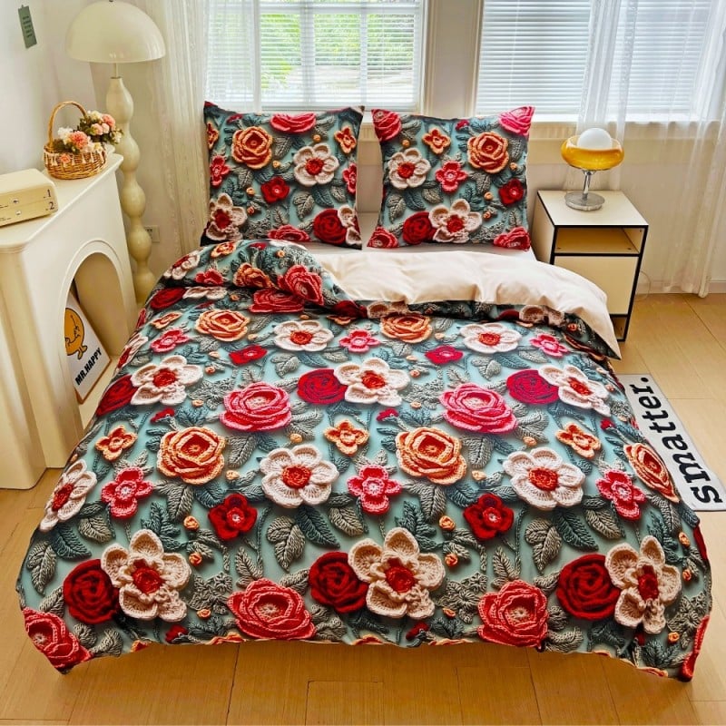 Pościel 140x200 bawełna satynowa wzór 5D dwustronna GierekHoff gruba 2 części GH 3116 dziergane róże