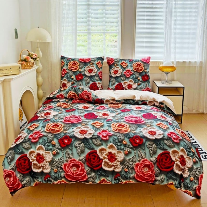 Pościel 140x200 bawełna satynowa wzór 5D dwustronna GierekHoff gruba 2 części GH 3116 dziergane róże