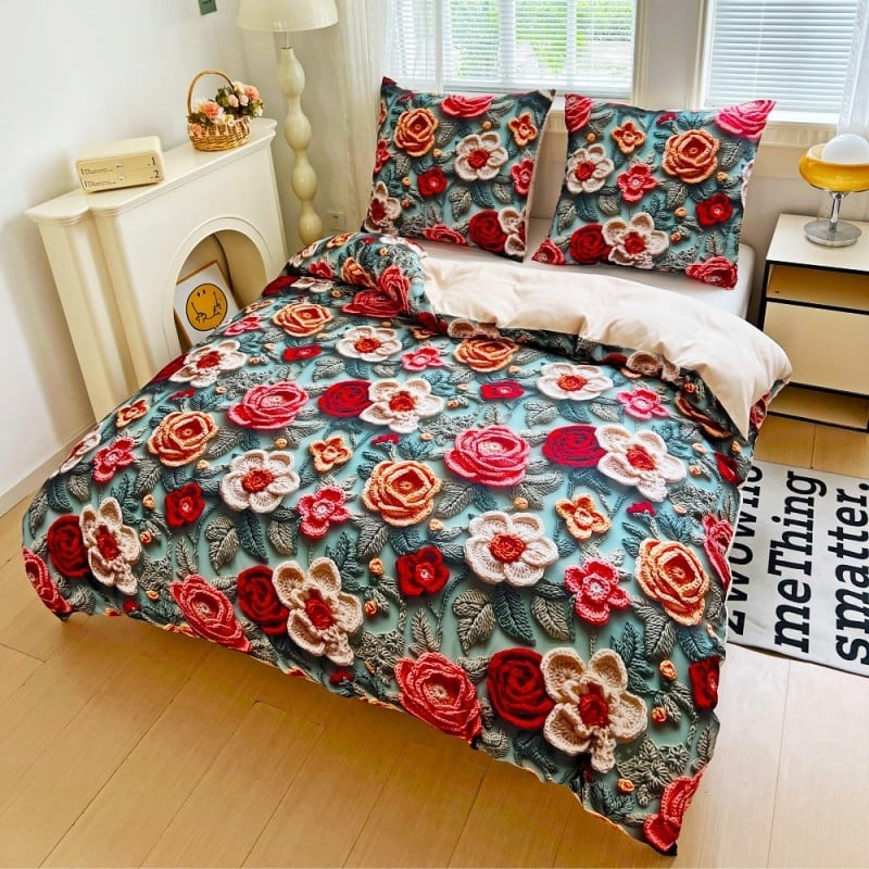 Pościel 160x200 bawełna satynowa wzór 5D dwustronna GierekHoff gruba 3 części GH 3116 dziergane róże