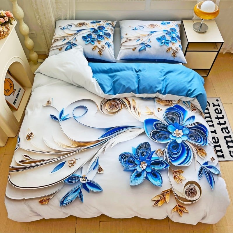 Pościel 140x200 bawełna satynowa wzór 5D dwustronna GierekHoff gruba 2 części GH 3117 artystyczny quilling niebieski kwiat