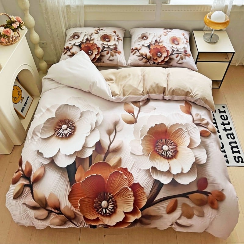 Pościel 200x220 bawełna satynowa wzór 5D dwustronna GierekHoff gruba 3 części GH 3118 beżowa kompozycja kwiatowa