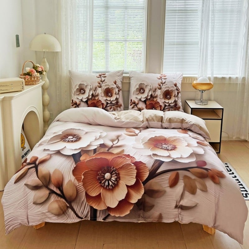 Pościel 200x220 bawełna satynowa wzór 5D dwustronna GierekHoff gruba 3 części GH 3118 beżowa kompozycja kwiatowa