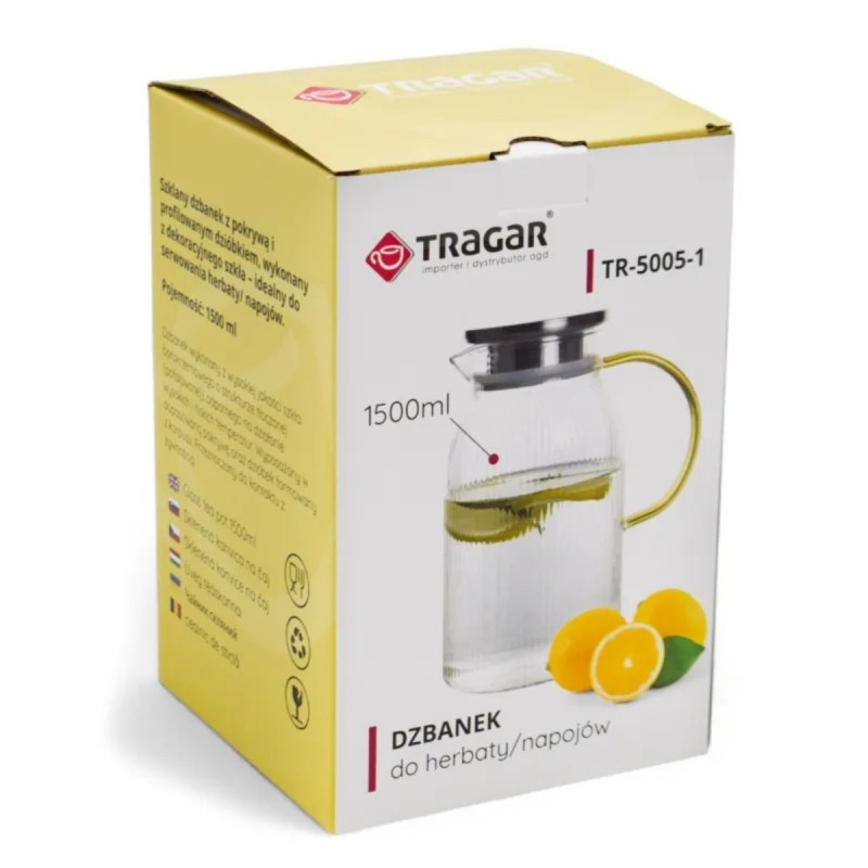 Szklany dzbanek do napojów 1,5 l z metalową pokrywką I złotą rączką tragar