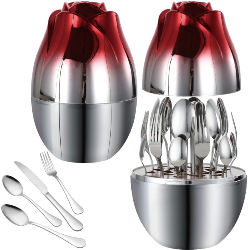 Komplet sztućców stal nierdzewna połysk Rosa Bella zestaw 24 elementy organizer kwiat jajko RB 731