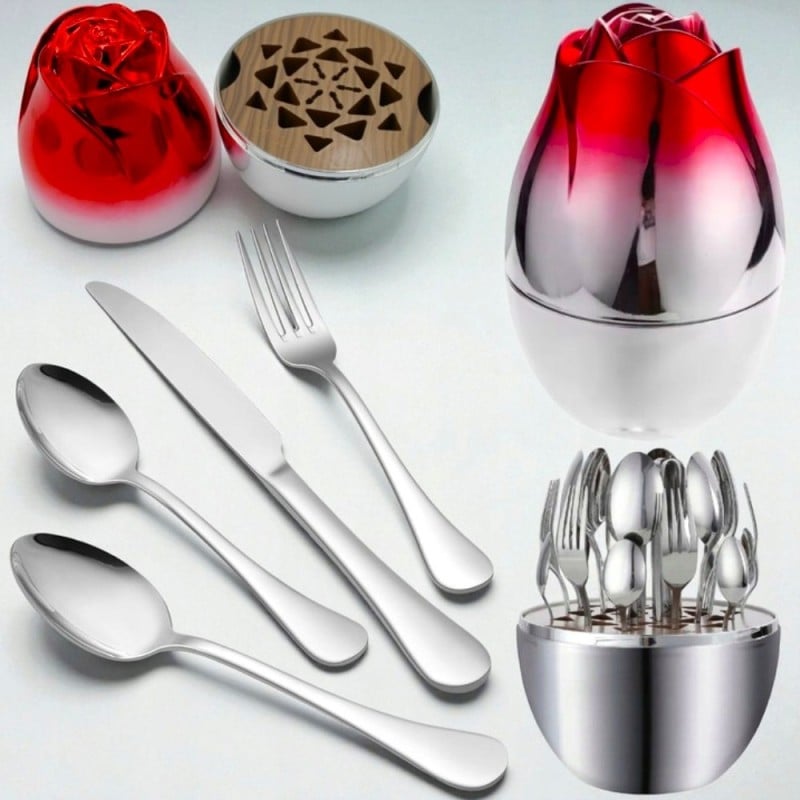 Komplet sztućców stal nierdzewna połysk Rosa Bella zestaw 24 elementy organizer kwiat jajko RB 731