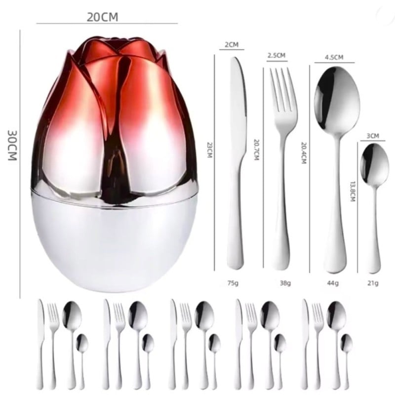 Komplet sztućców stal nierdzewna połysk Rosa Bella zestaw 24 elementy organizer kwiat jajko RB 731