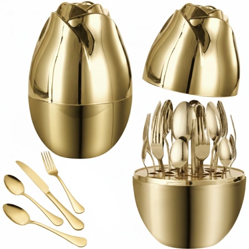 Komplet sztućców stal nierdzewna połysk złote Rosa Bella zestaw 24 elementy organizer kwiat jajko RB 733