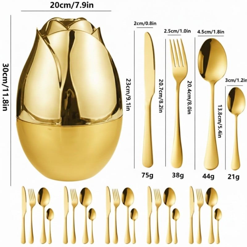 Komplet sztućców stal nierdzewna połysk złote Rosa Bella zestaw 24 elementy organizer kwiat jajko RB 733