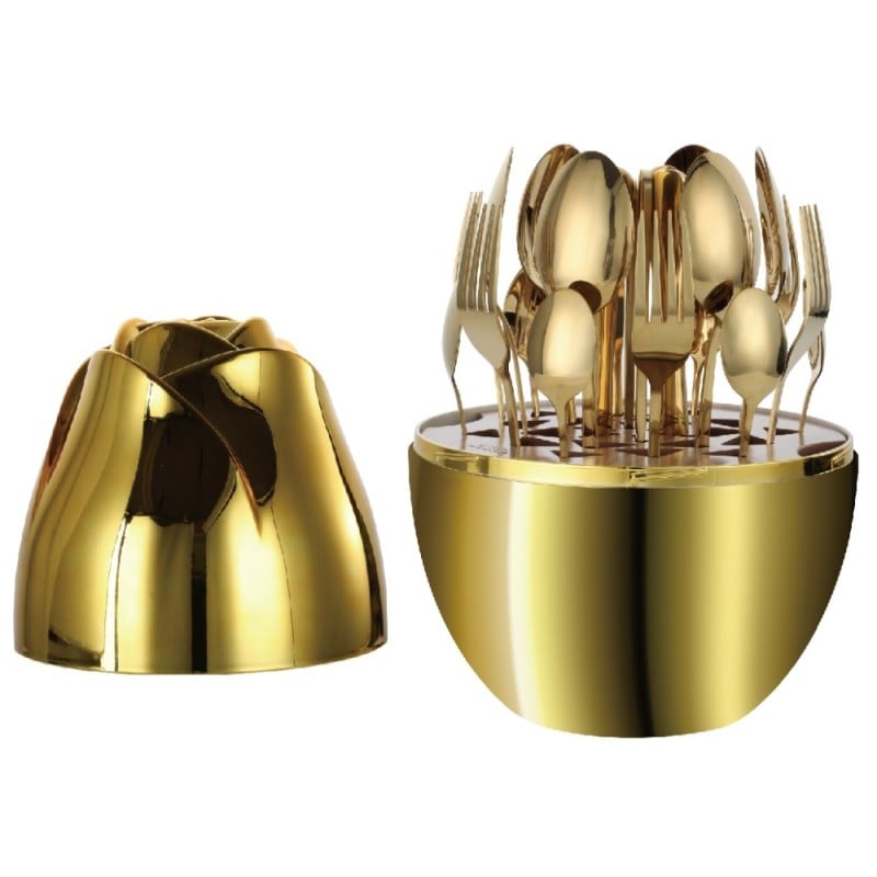 Komplet sztućców stal nierdzewna połysk złote Rosa Bella zestaw 24 elementy organizer kwiat jajko RB 733