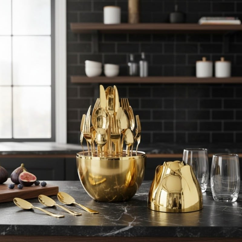 Komplet sztućców stal nierdzewna połysk złote Rosa Bella zestaw 24 elementy organizer kwiat jajko RB 733