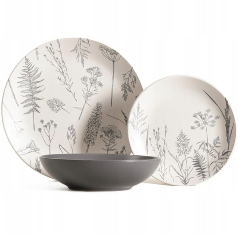 Serwis obiadowy 18 elementów Homla Bari kamionka zestaw talerzy dla 6 osób szary