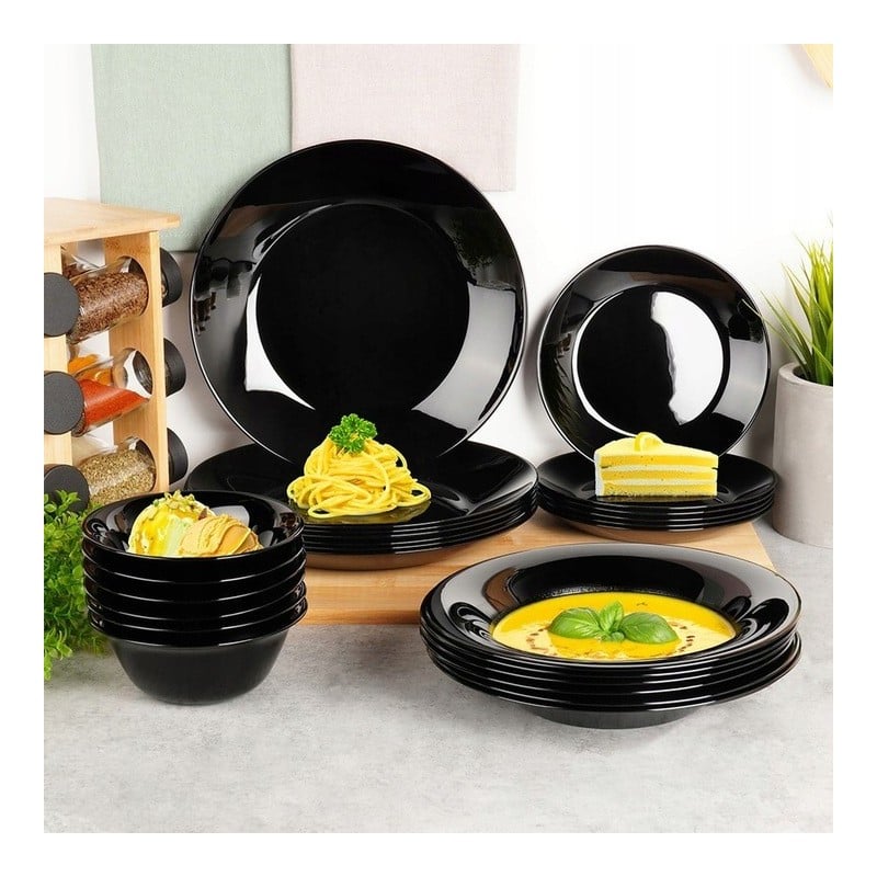 Serwis obiadowy 24 elementy Vilde Black szklane talerze zestaw talerzy dla 6 osób czarne