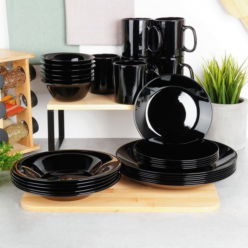 Serwis obiadowy 18 elementów Vilde Black szklane talerze zestaw talerzy dla 6 osób czarne