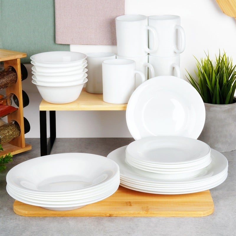 Serwis obiadowy 24 elementy Vilde White szklane talerze zestaw talerzy dla 6 osób białe