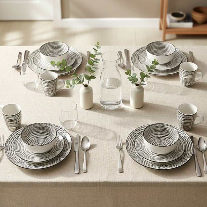 Serwis obiadowy 16 elementów Staccato porcelana zestaw talerzy kubków dla 4 osób talerze czarno-białe