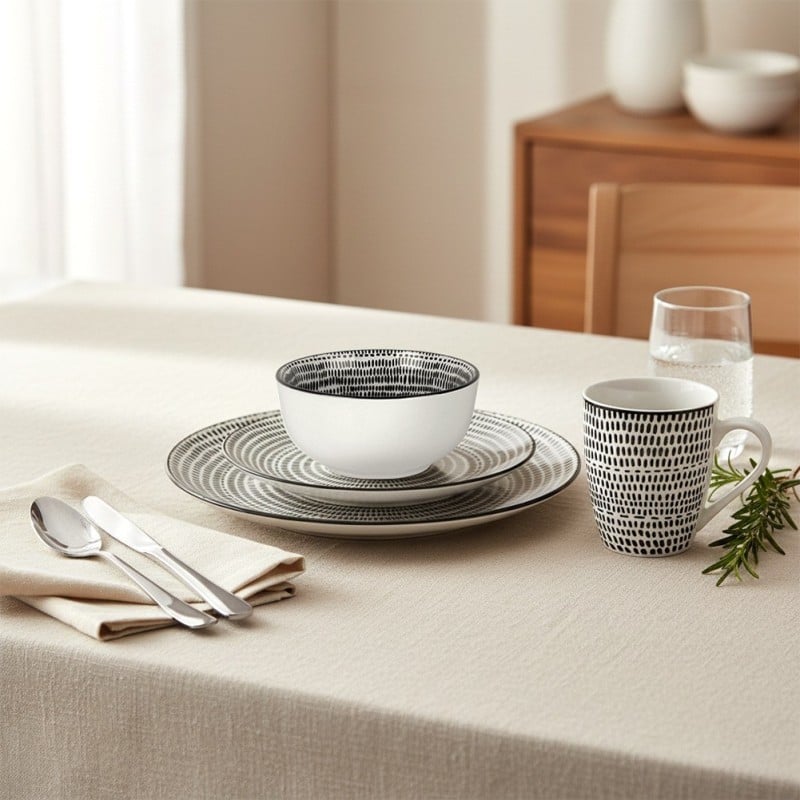 Serwis obiadowy 16 elementów Staccato porcelana zestaw talerzy kubków dla 4 osób talerze czarno-białe