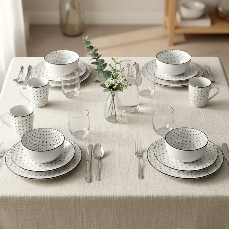 Serwis obiadowy 16 elementów Lisbon porcelana zestaw talerzy kubków dla 4 osób talerze czarno-białe