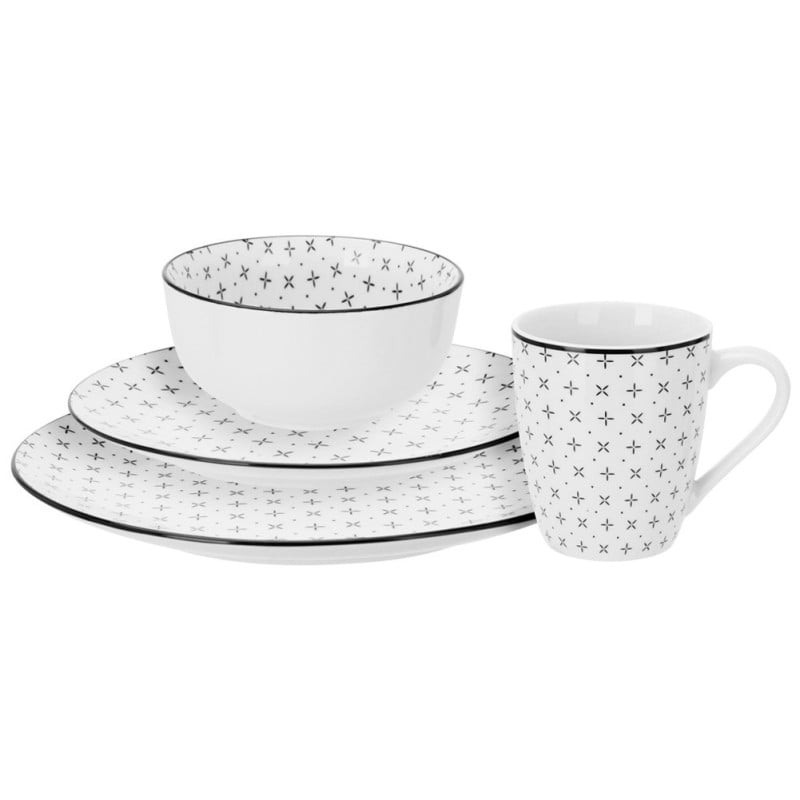 Serwis obiadowy 16 elementów Lisbon porcelana zestaw talerzy kubków dla 4 osób talerze czarno-białe