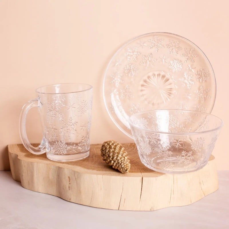 Talerzyki deserowe 17 cm szklane Altom Śnieżynki zestaw 12 sztuk spodek na ciasto deser