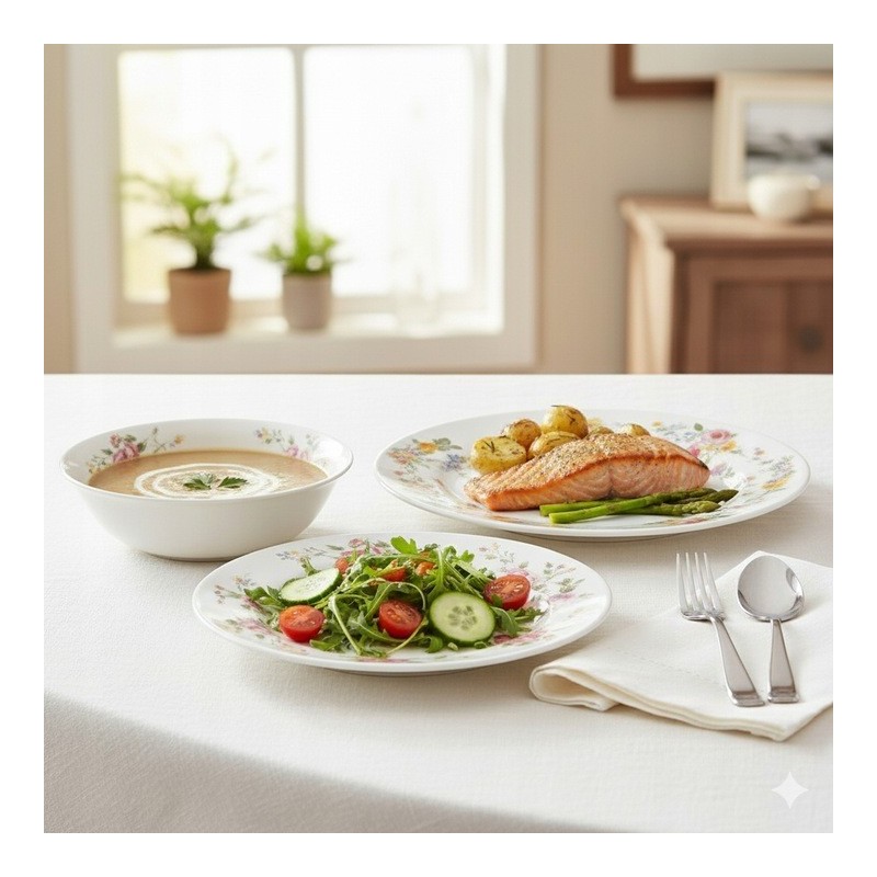 Zestaw obiadowy XXL Serwis obiadowy 18 elementów przyprawniki 24 elementy i naklejki 96 sztuk talerze ze słoiczkami do przypraw