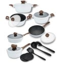 Zestaw garnków marmurkowych białych z powłoką granitową 15 el. komplet z patelniami wraz z rondlem i przyborami MasterPan
